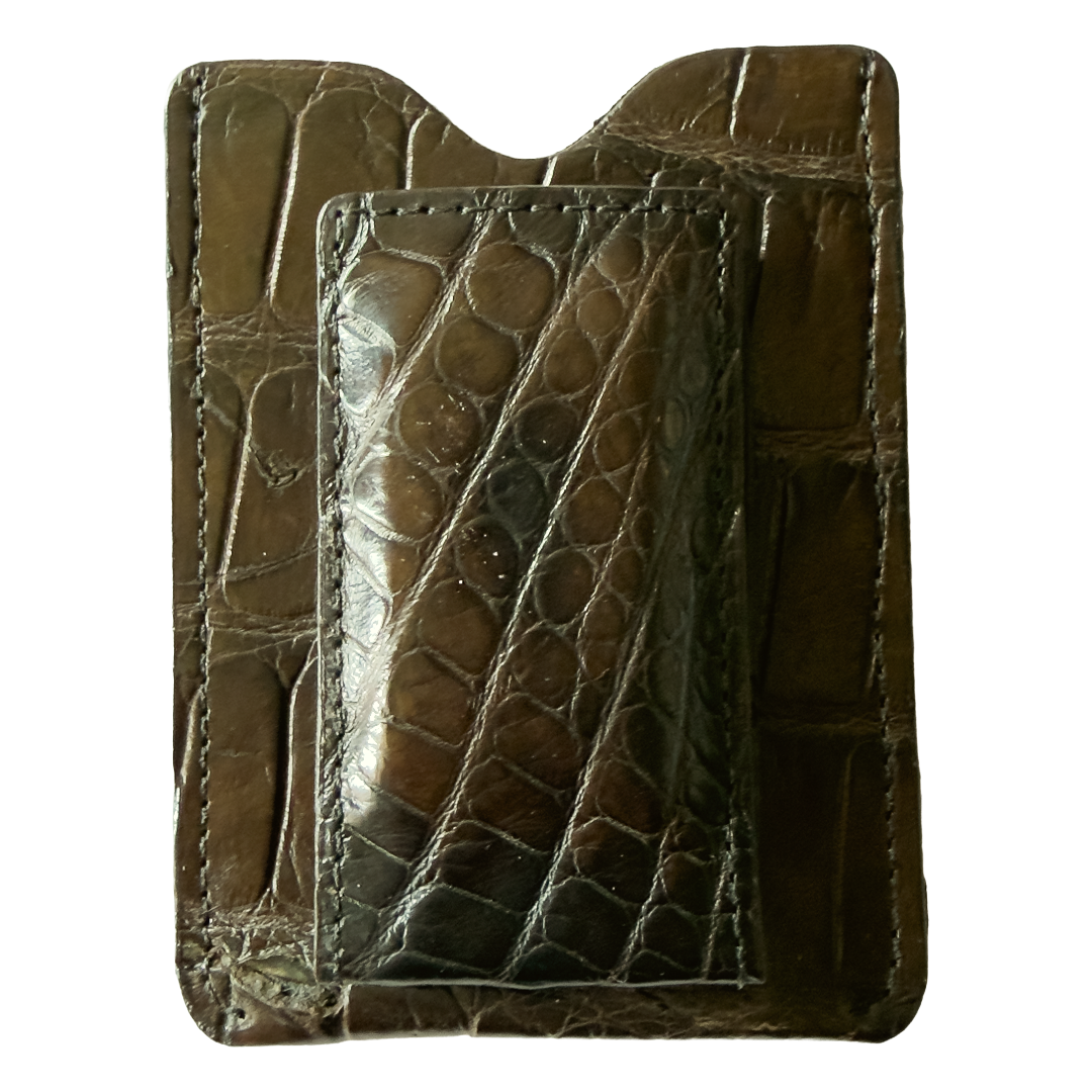 Genuine Louisiana Alligator Card Holder Money Clip in Chicory Brown